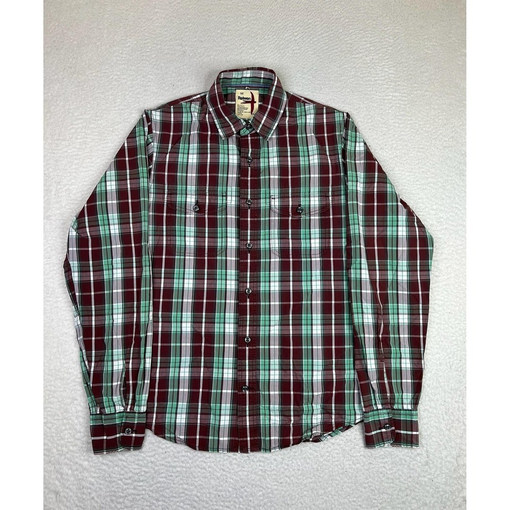 Relwen Shirt Mens Medium Red Green Plaid Cotton Long Sleeve Button Up Casual